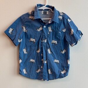Old Navy Kids' Blue and White Bulldog Button-Down Pattern Graphic Shirt